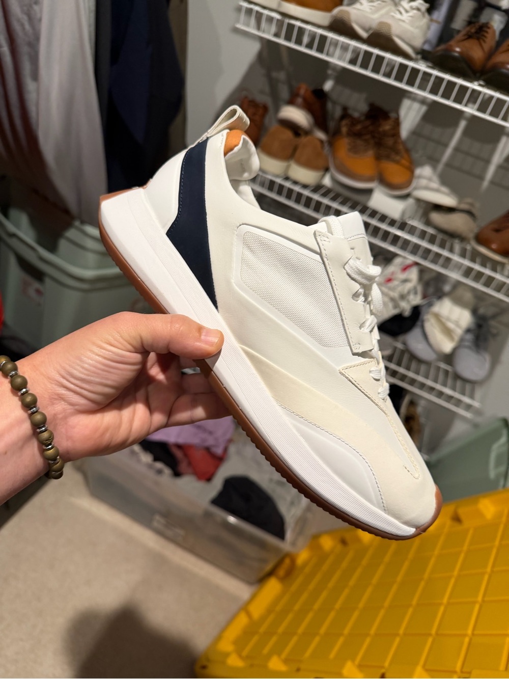 Minimalist White Leather & Mesh Sneaker with Navy Heel Trim